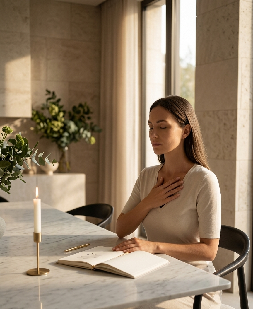 A woman seated alone at a sunlit marble desk, eyes gently closed and one hand resting open over her heart — her expression radiating absolute inner calm and certainty, as though she is listening to something the outside world cannot hear. A single white candle flame, a gold pen beside an open journal, morning light pouring in from a tall window.