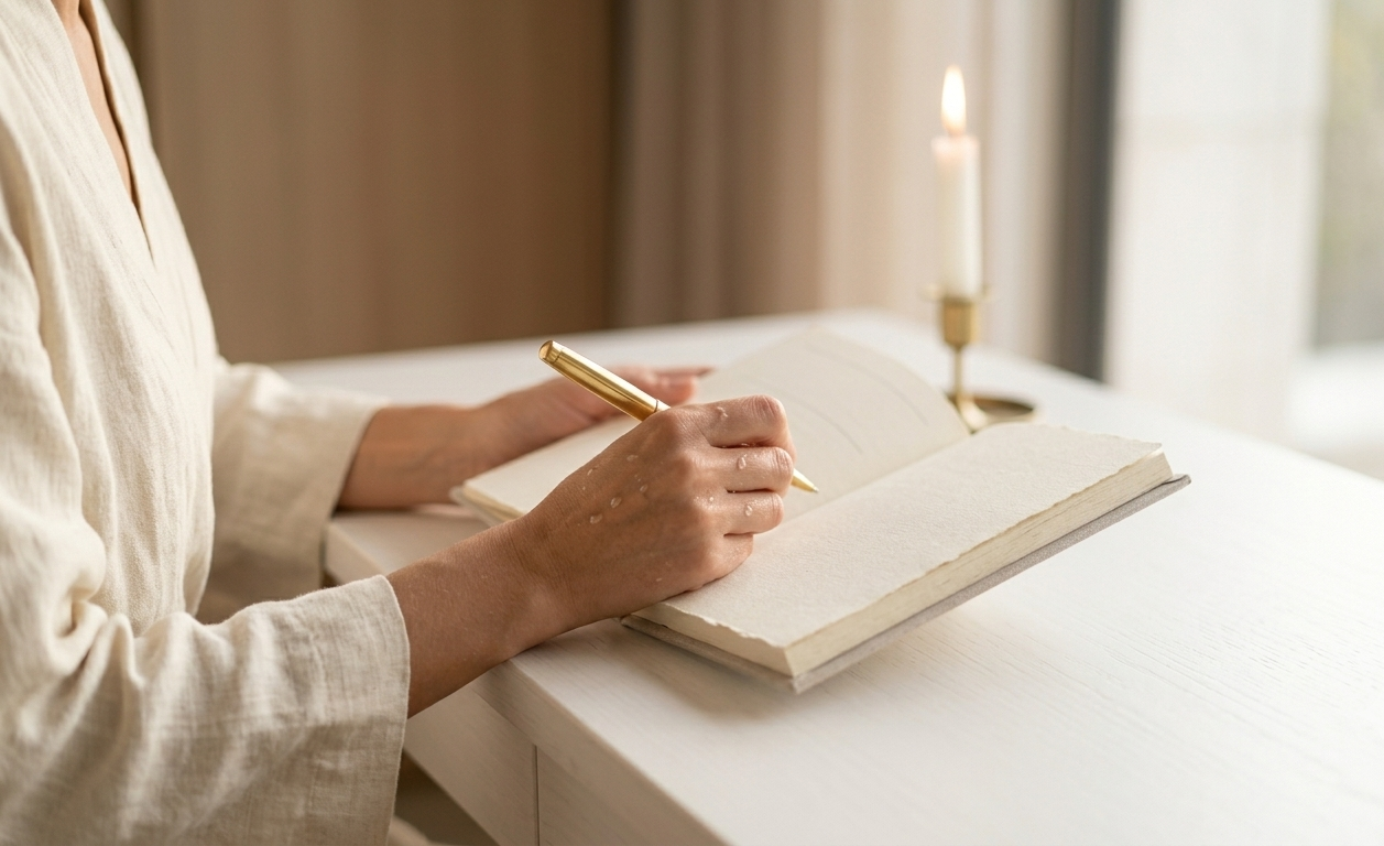 A woman writing slowly in an open journal at a minimal desk, a single lit candle beside her and early morning light filling the frame — her expression peaceful and focused, capturing the sacred moment when pen meets paper and clarity begins to emerge from within