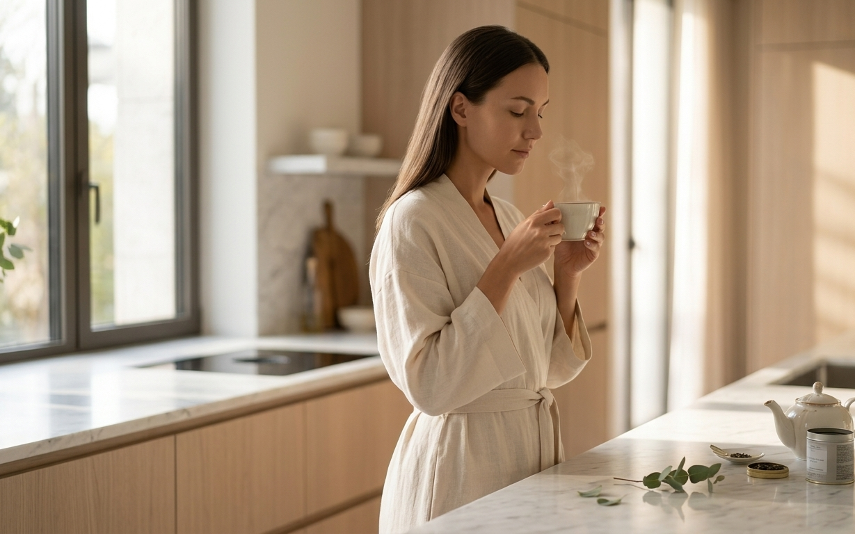 A woman in a cream linen robe moving through a sun-filled kitchen in the early morning, both hands wrapped around a warm cup of tea, her gaze soft and turned inward — the scene entirely unhurried, embodying the kind of slow, intentional morning that creates space to hear your own inner voice