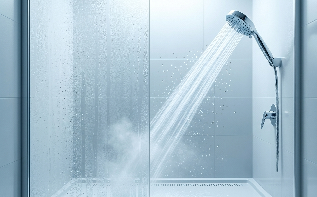 A minimalist bathroom at dawn — a chrome shower head releasing a stream of cold water, condensation on the glass panel, the light cool and pale blue-white, evoking that sharp, electrifying clarity that follows the first breath of cold water