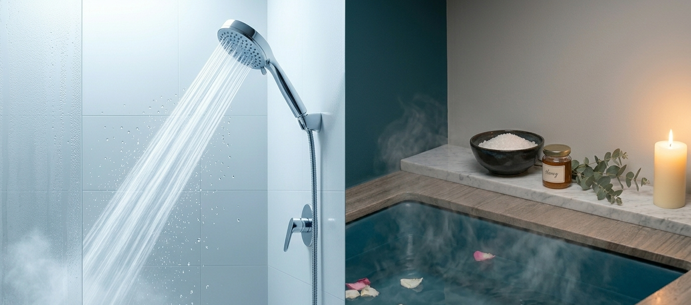 Two side-by-side images merged into one: on the left, the electrifying blue of a cold shower; on the right, the golden warm glow of a candlelit bath — together suggesting the dynamic interplay of cold and heat, tension and release, energy and restoration