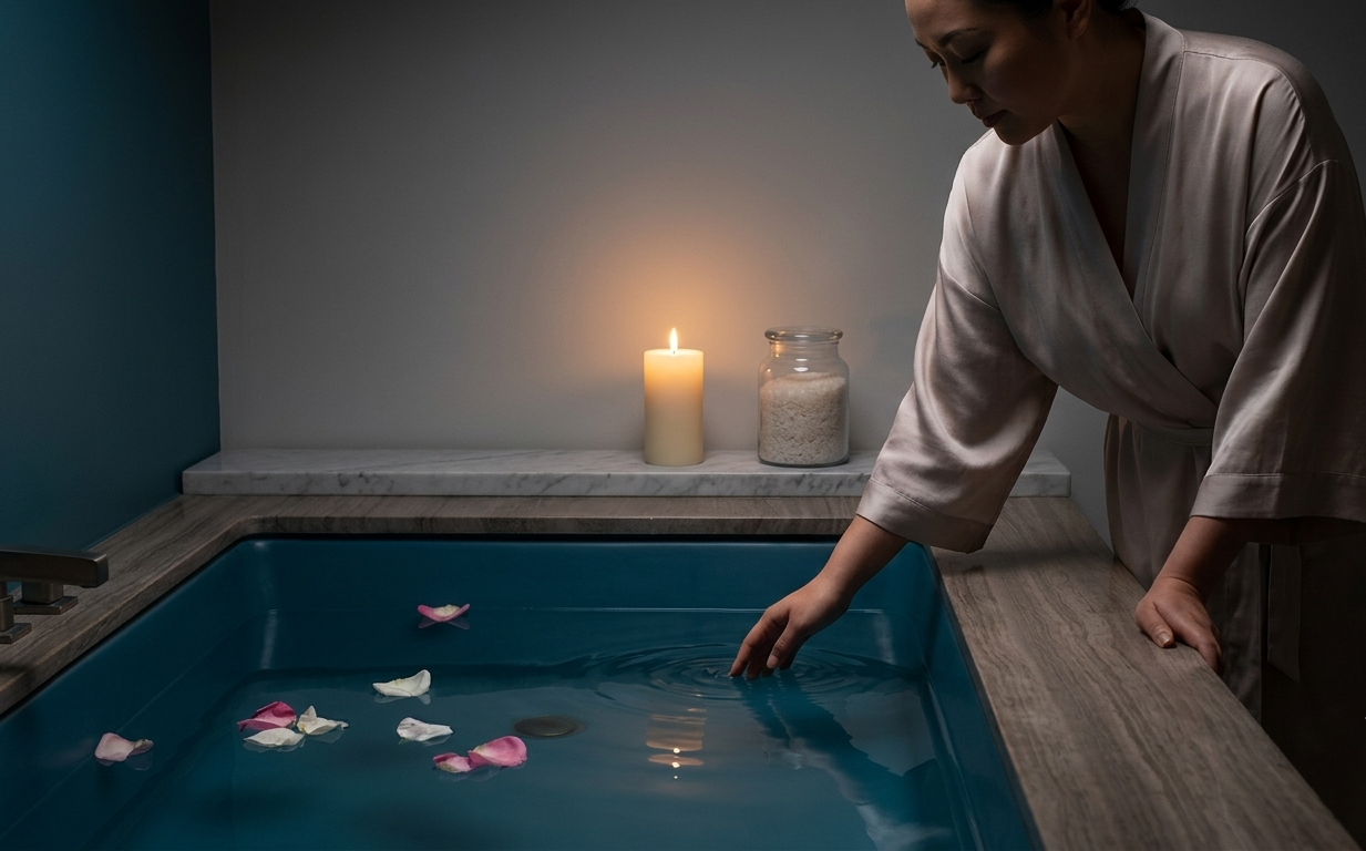 A woman standing at the edge of a deep, mineral-blue bath filled with steaming water and scattered rose petals, one hand trailing the surface — the room dimly lit by a single pillar candle, a small glass jar of Epsom salts resting on the marble ledge, her expression completely surrendered to the quiet luxury of water as medicine, the entire scene saturated with the feeling of coming home to yourself