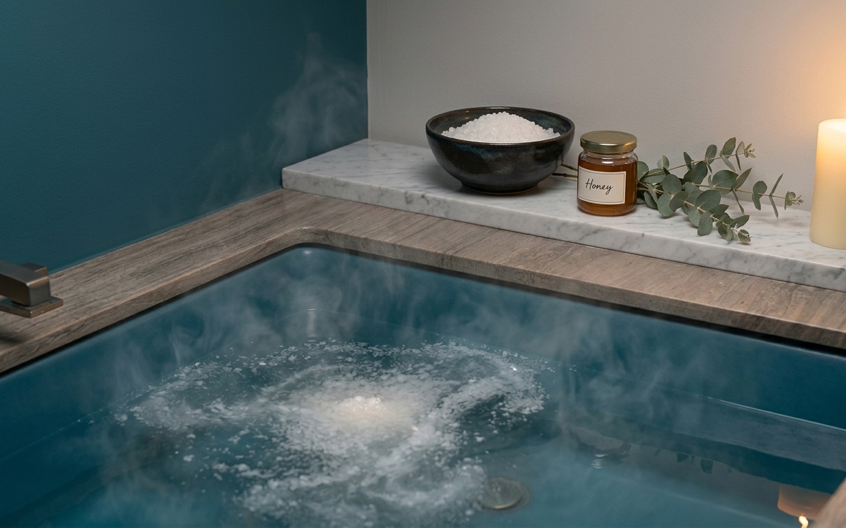 A ceramic bowl of coarse Epsom salts being poured into a steaming bath — the water a soft milky white, a lit beeswax candle and a small branch of dried eucalyptus resting on the bath edge, the entire scene radiating warmth, slowness, and the sacred pleasure of intentional rest