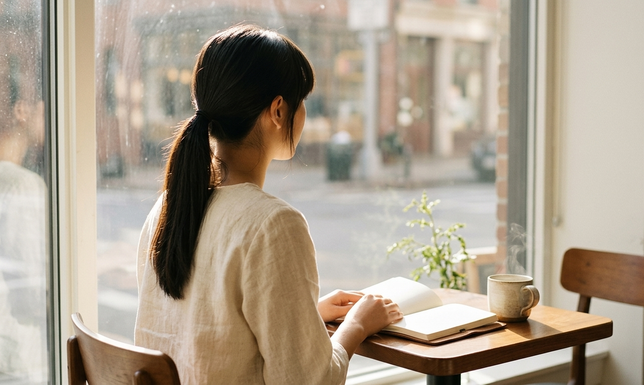 A woman sitting alone at a sun-drenched café window, a warm drink in her hands and an open journal on the table beside her — a moment of quiet reflection and gentle emotional processing
