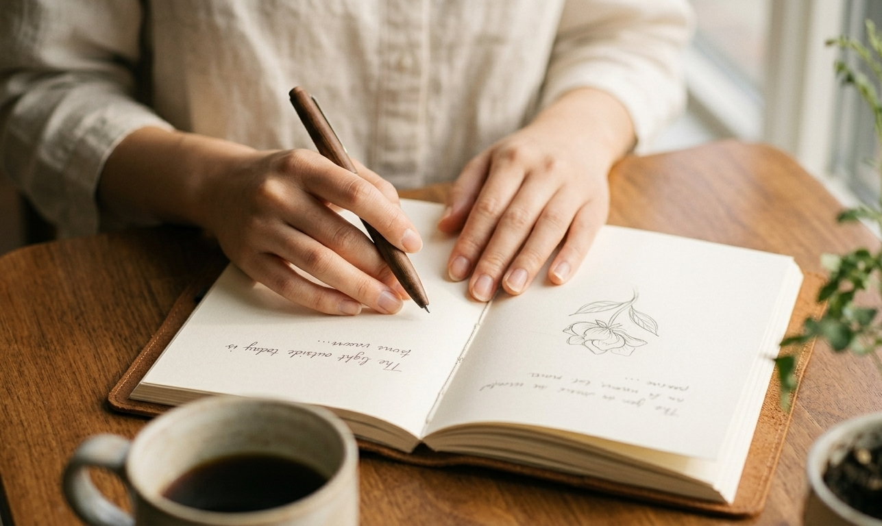 A woman's hands writing in a beautiful open journal on a linen surface, a single soft flower beside her — capturing a moment of quiet emotional processing and intentional self-reflection