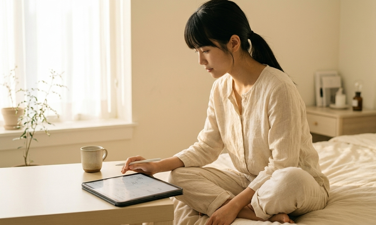 A woman sitting cross-legged on a cream-toned bed in soft morning light, an open digital planner on her iPad on the bedside table — her posture calm and intentional, embodying a return to self-care and routine