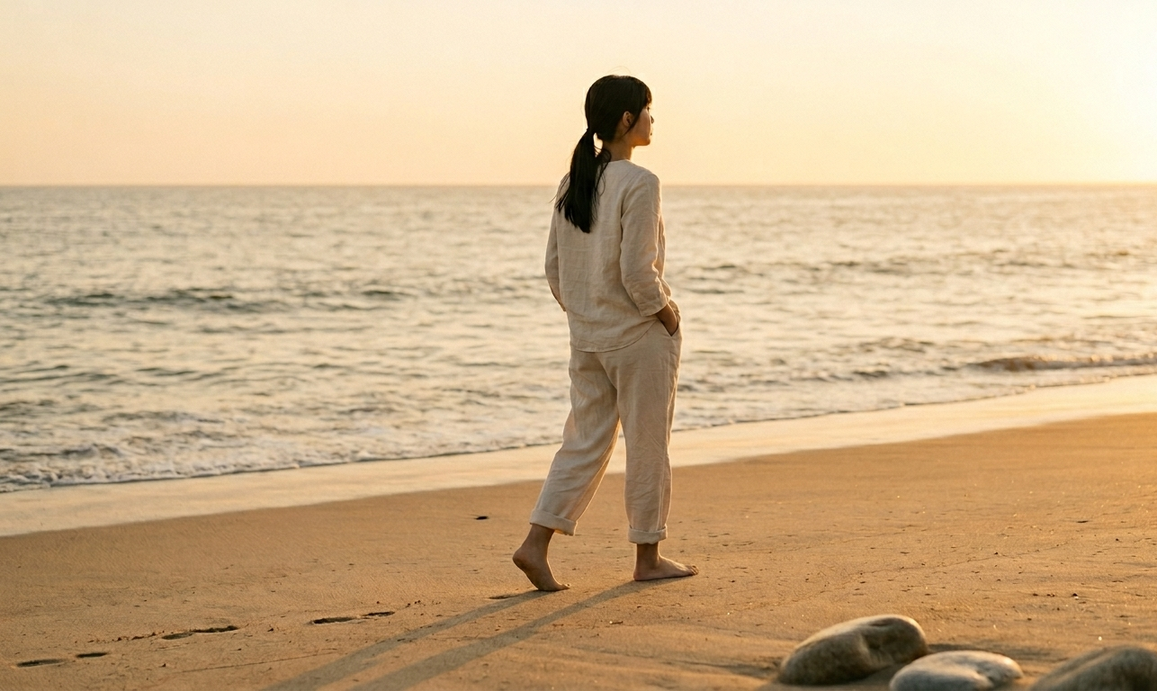 A woman walking barefoot along a quiet beach at golden hour, her silhouette calm and purposeful against the warm light — a symbol of returning to self after heartbreak