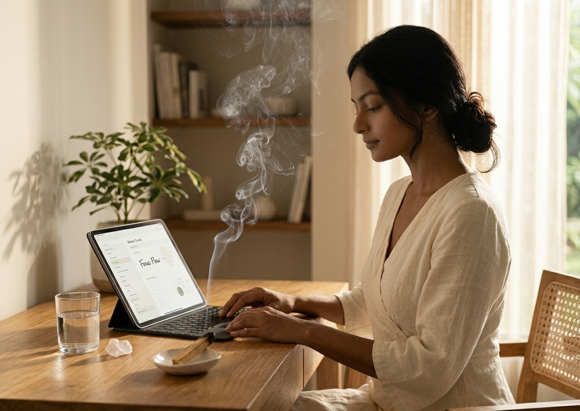 A woman at a minimalist wooden desk in a sunlit home office, a lit palo santo stick in a small ceramic holder sending a thin trail of smoke upward, her iPad open to a beautifully designed digital productivity planner — she sits tall, unhurried, the very picture of grounded authority
