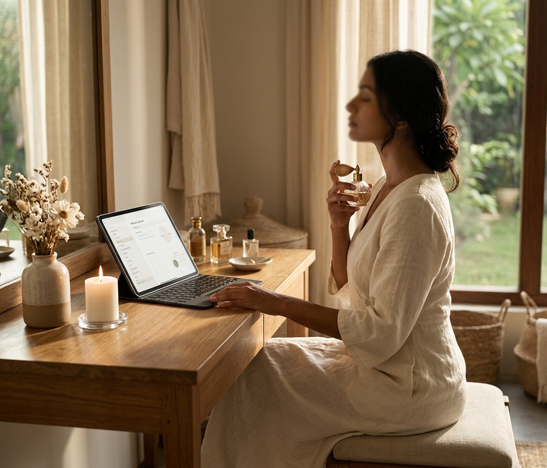 A woman in a soft linen dress sitting at a sunlit vanity, eyes closed, holding a delicate perfume bottle to her collarbone — a digital wellness journal open on her iPad beside a single white candle and dried flowers, breathing quiet luxury and intentional self-care