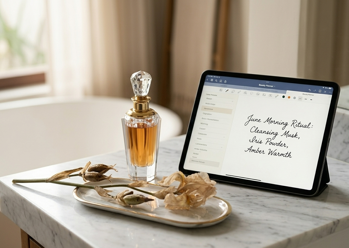 A marble bathroom surface with a single luxury perfume bottle, a sprig of dried iris, and a small ceramic tray — beside it, a tablet showing an open digital beauty planner with the day's morning ritual written out in clean handwriting, everything styled in soft ivory and gold tones