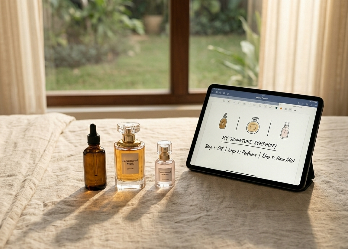 A flatlay on a pale linen surface showing a beautifully curated scent layering collection — a body oil, a perfume bottle, and a small hair mist — arranged beside an open digital beauty journal on an iPad, a soft-focus background of a sun-drenched coastal scene visible through the window